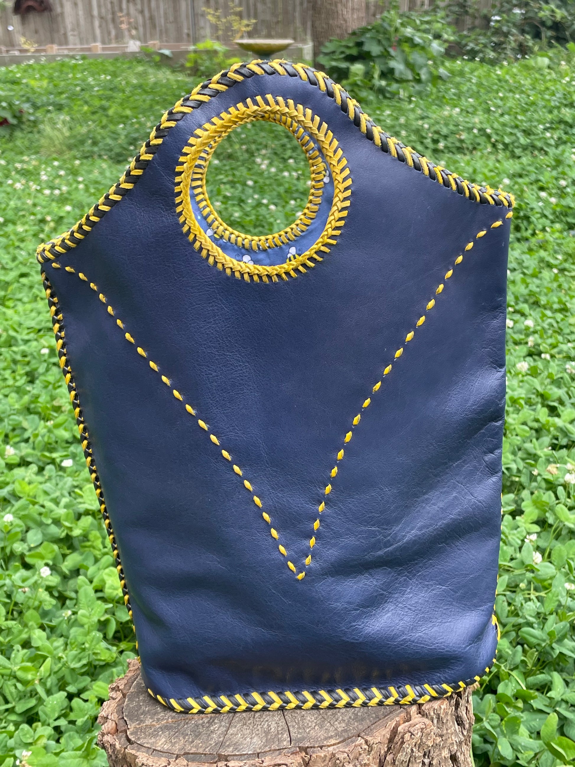 Navy Blue Leather Tote with Honey bees