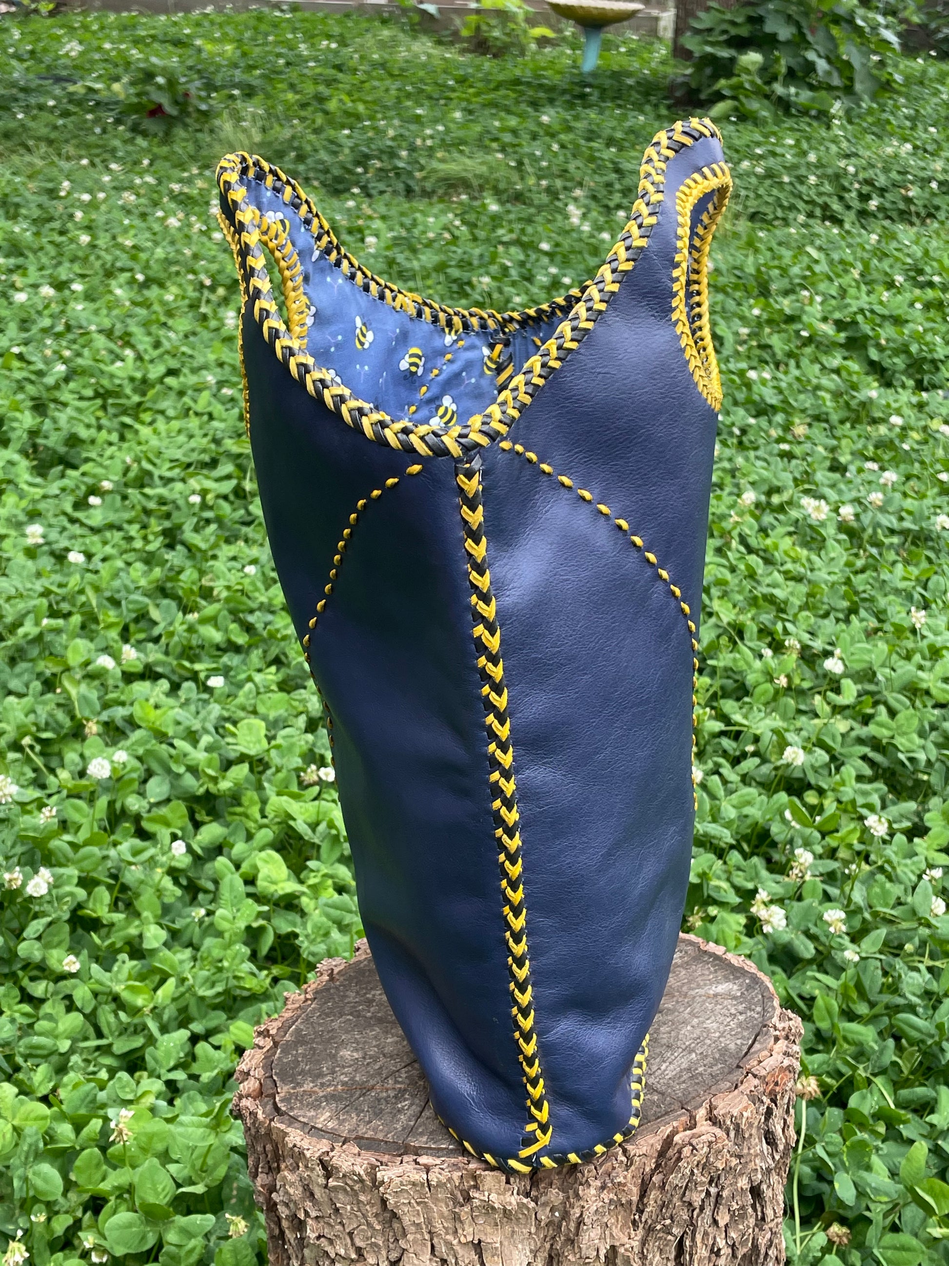 Navy Blue Leather Tote with Honey bees